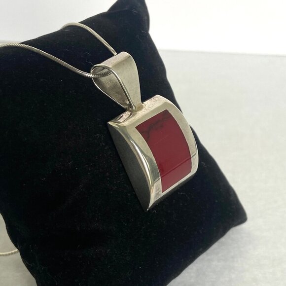 Solid Sterling Silver 925 Curved Sim Red Jasper Pendant Necklace 20" Snake Chain - Picture 8 of 16